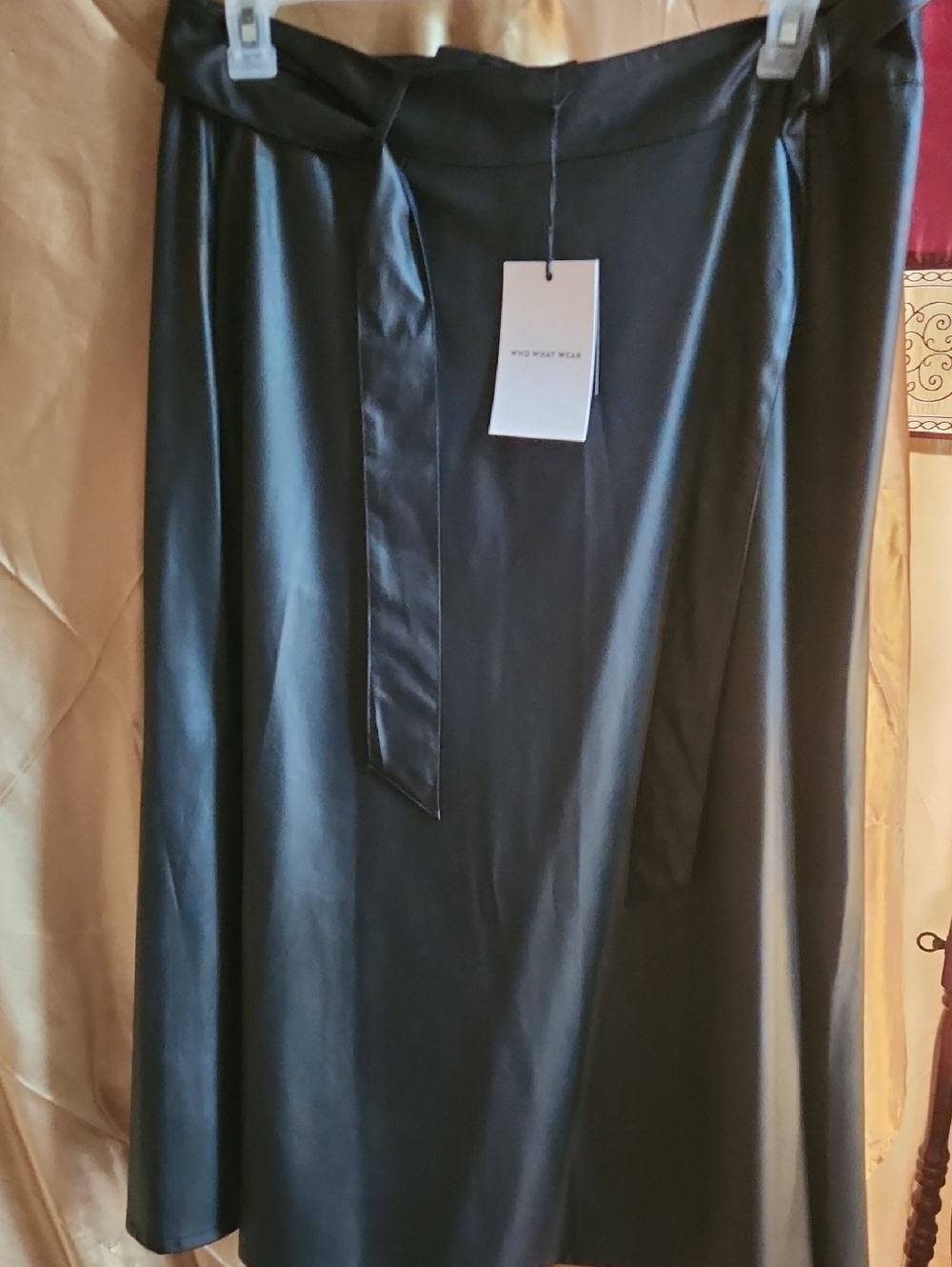 Who What Wear Black Satin A-Line Midi Skirt with Self-Tie Waist